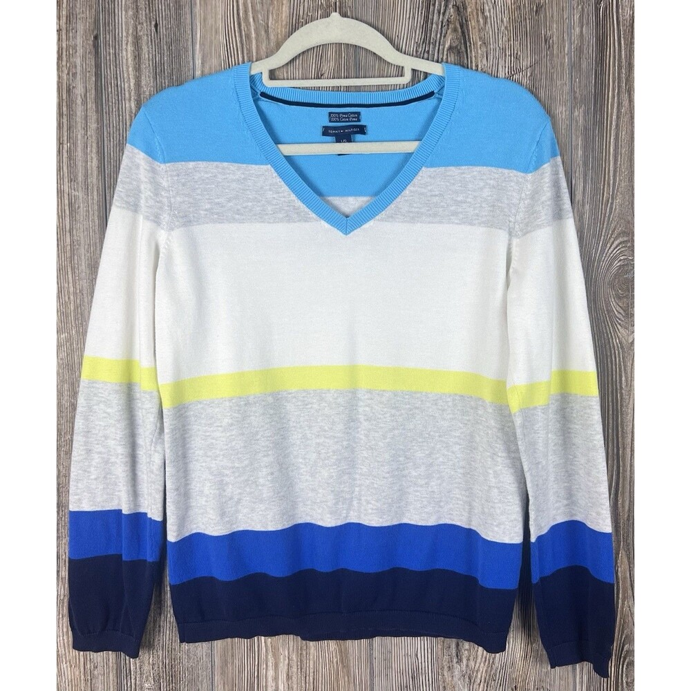 Tommy‎ Hilfiger Sweater Women's L Colorful Stripe Coastal Grandma Casual Chic